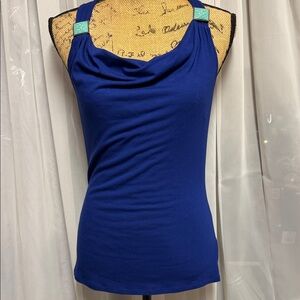 White House Black Market Blue Top with Metal Turquoise Strap Embellisment